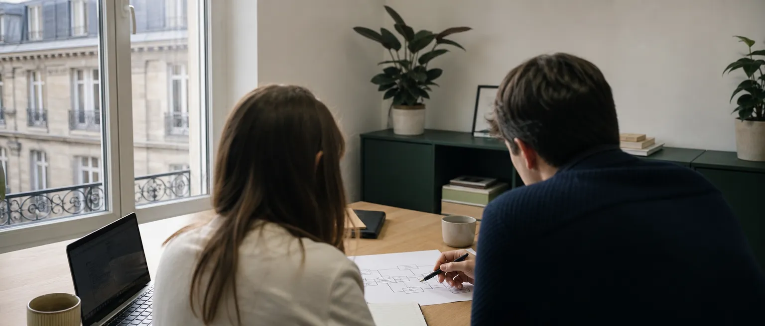 Atelier de cadrage d'un projet d'automatisation IA dans un bureau parisien